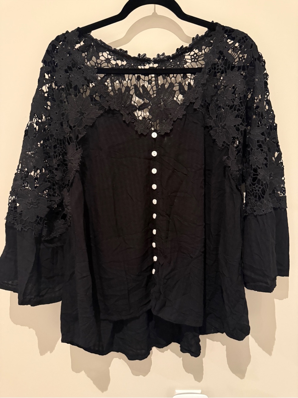 Black Floral Lace Boho Tunic Top 2XL Romantic Cottagecore Plus Size